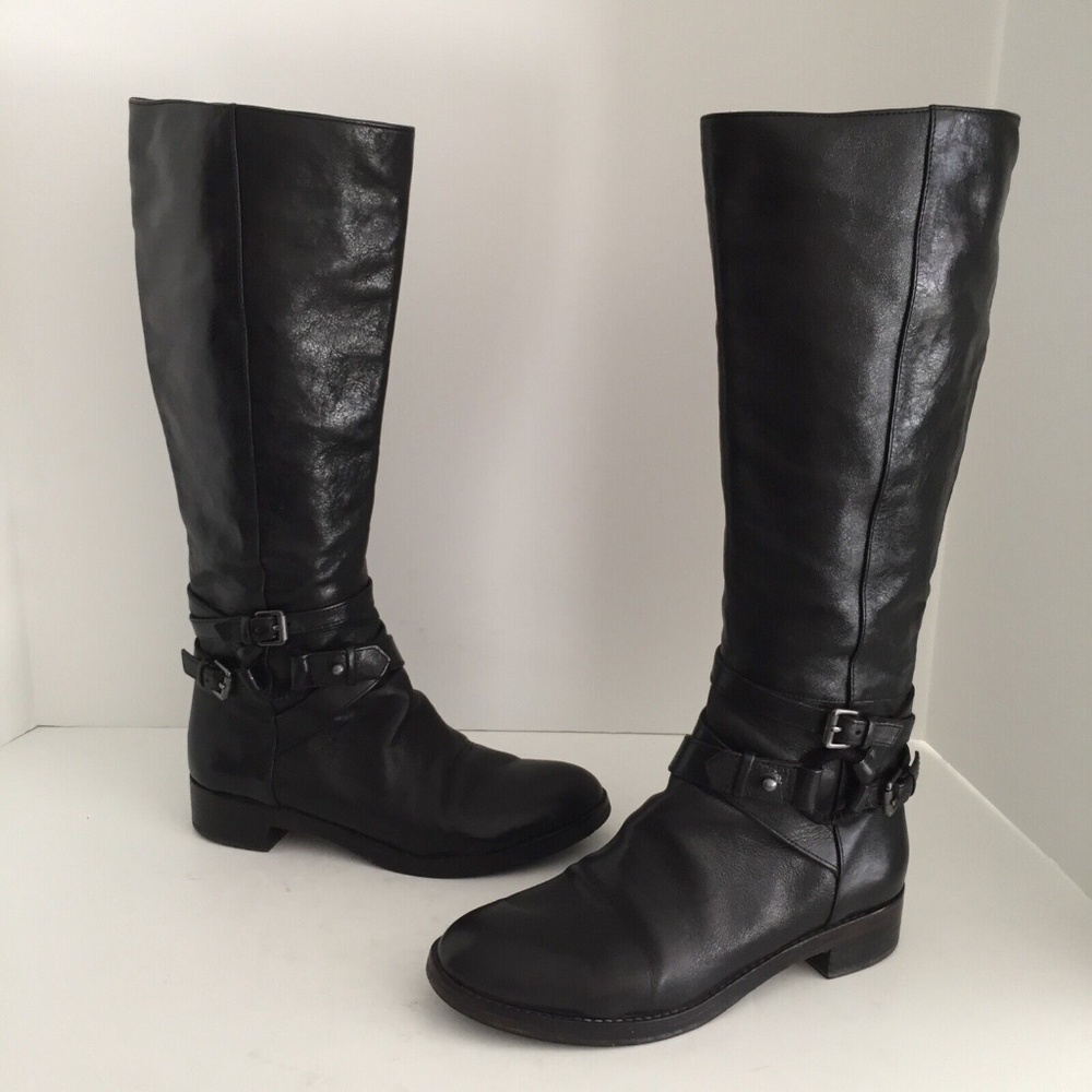Via Spiga Women Gabrielle Tall Leather Boots Knee High Ankle Straps 6M Black EUC